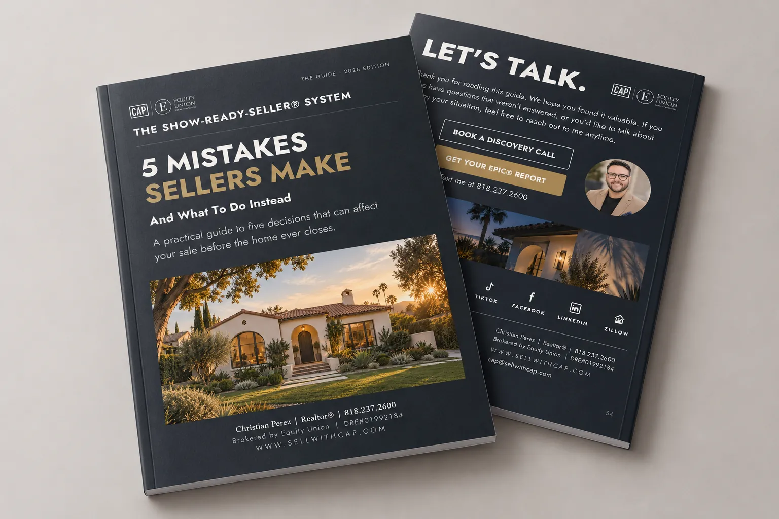 5 Mistakes Sellers Make Guide by Christian Perez, shown as a printed booklet