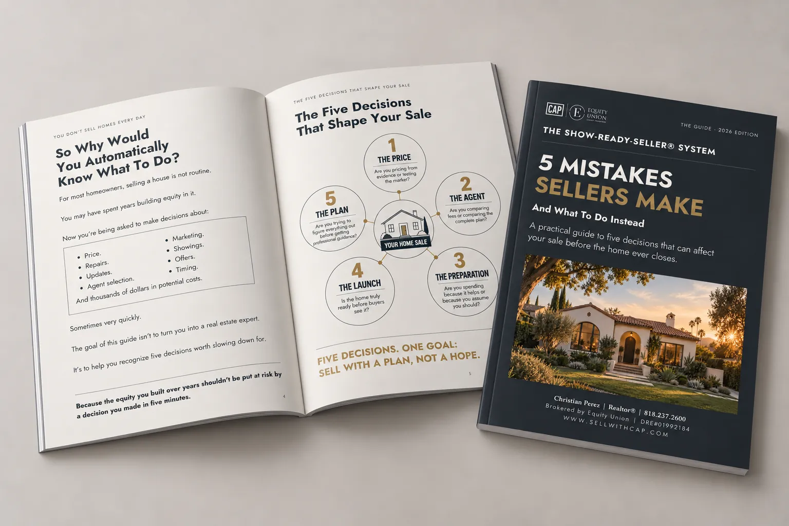 5 Mistakes Sellers Make Guide by Christian Perez, shown as a printed booklet
