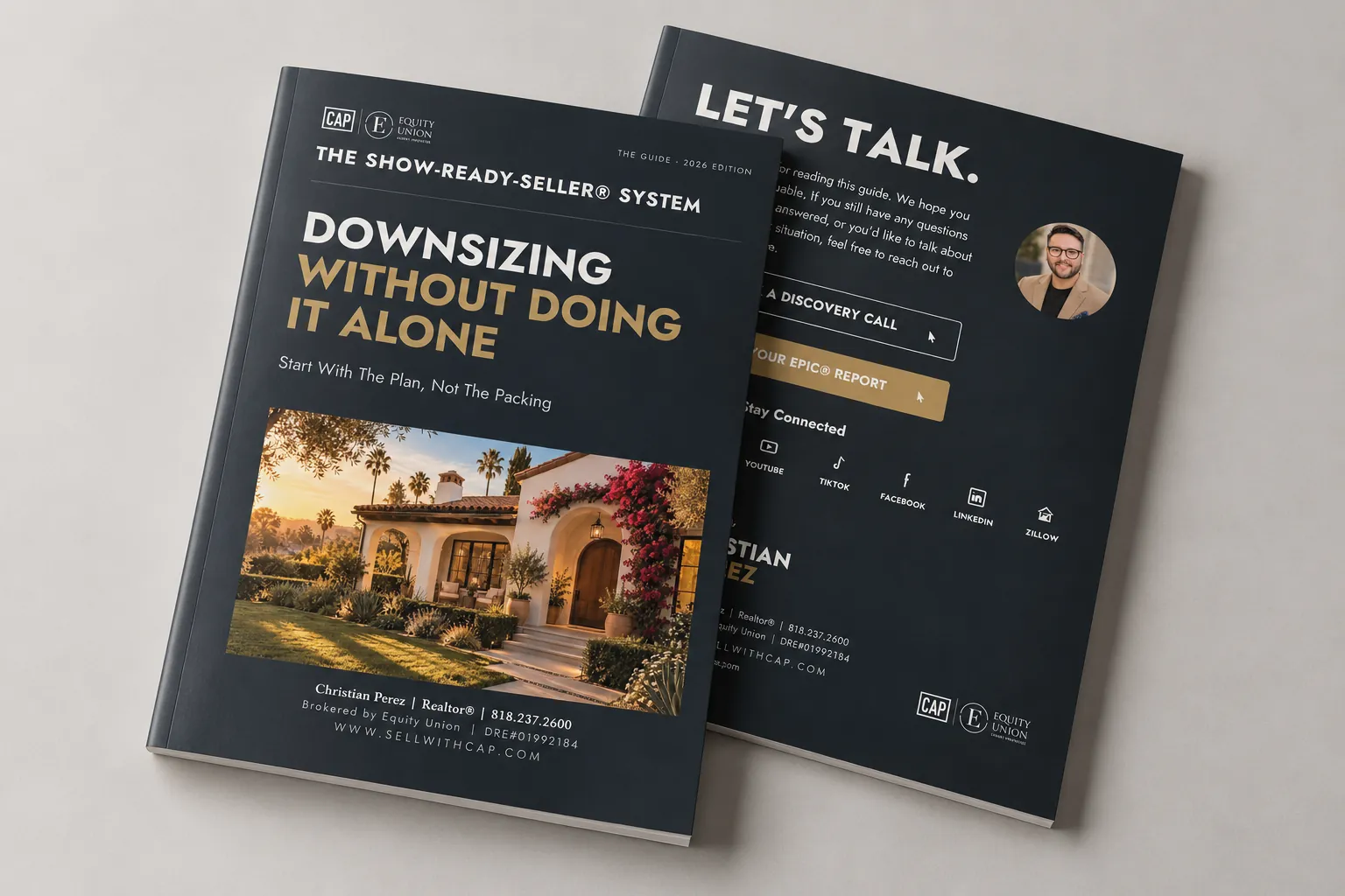 Downsizing Into Your Next Home Guide by Christian Perez, shown as a printed booklet