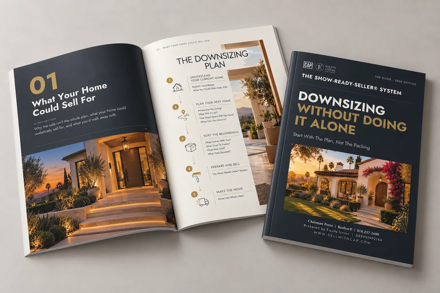 Downsizing Into Your Next Home Guide by Christian Perez, shown as a printed booklet
