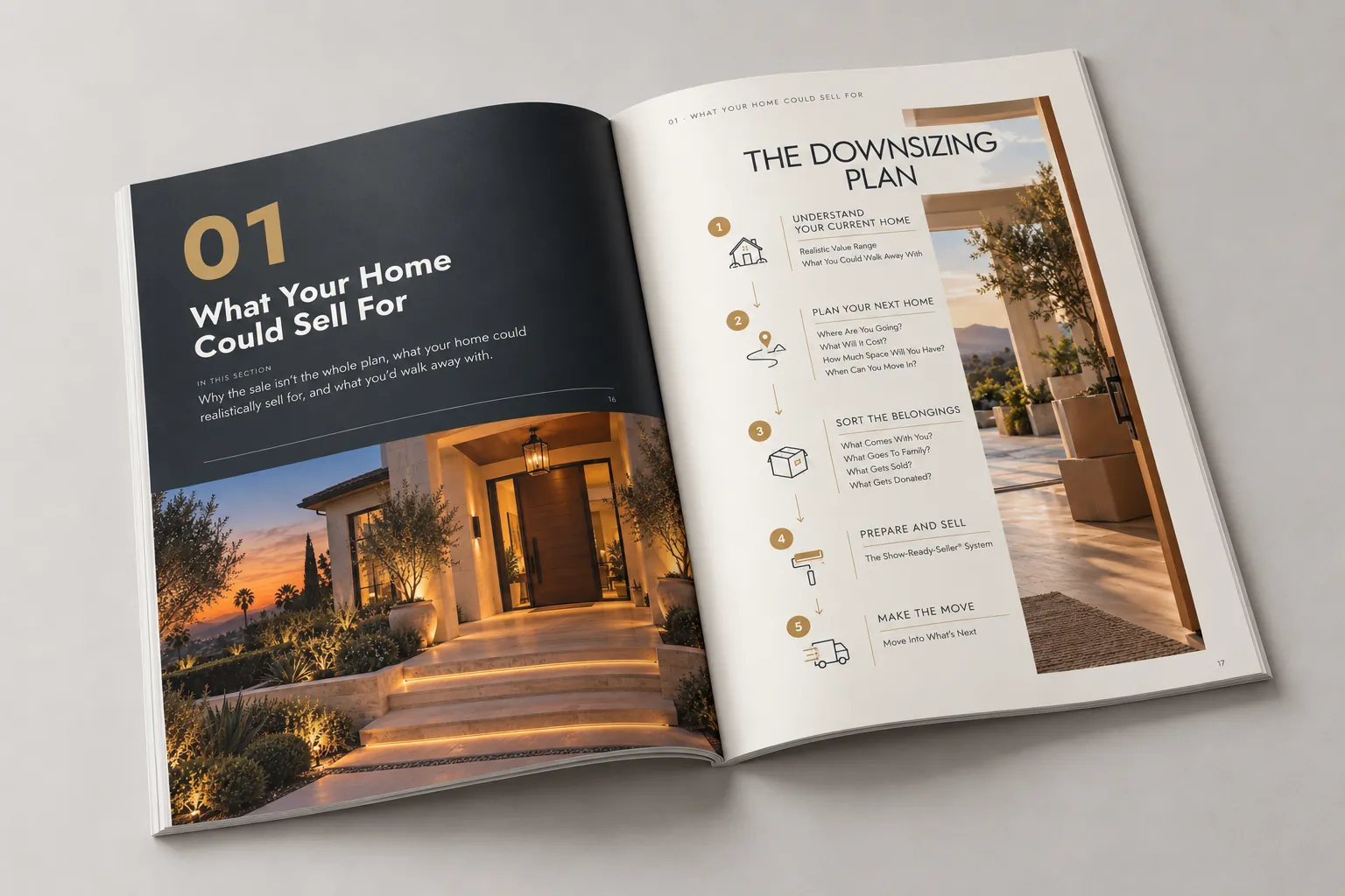 Downsizing Into Your Next Home Guide by Christian Perez, shown as a printed booklet