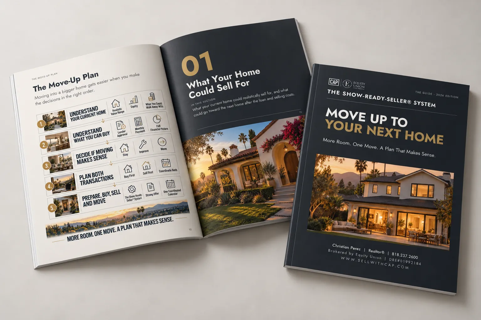 Upsizing Into Your Next Home Guide by Christian Perez, shown as a printed booklet